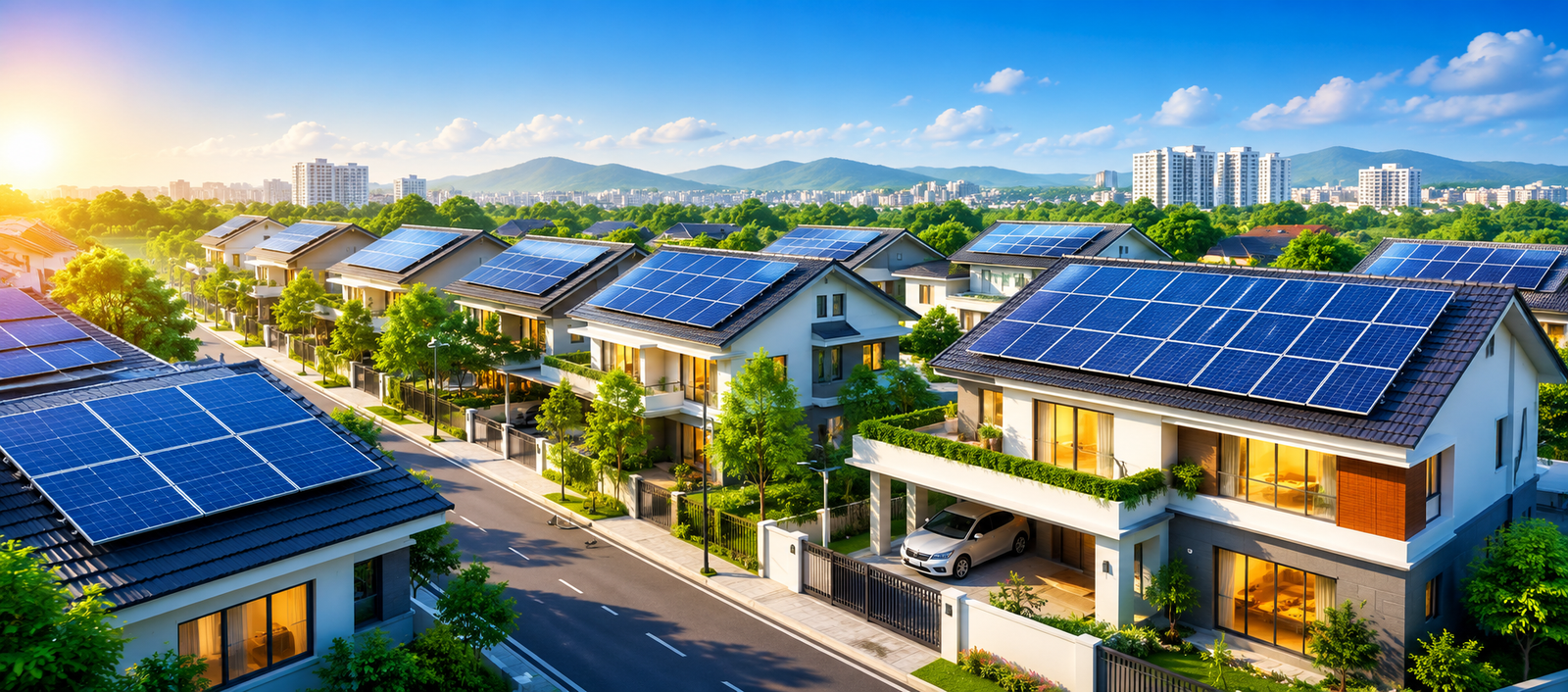 Family in front of a solar-powered home